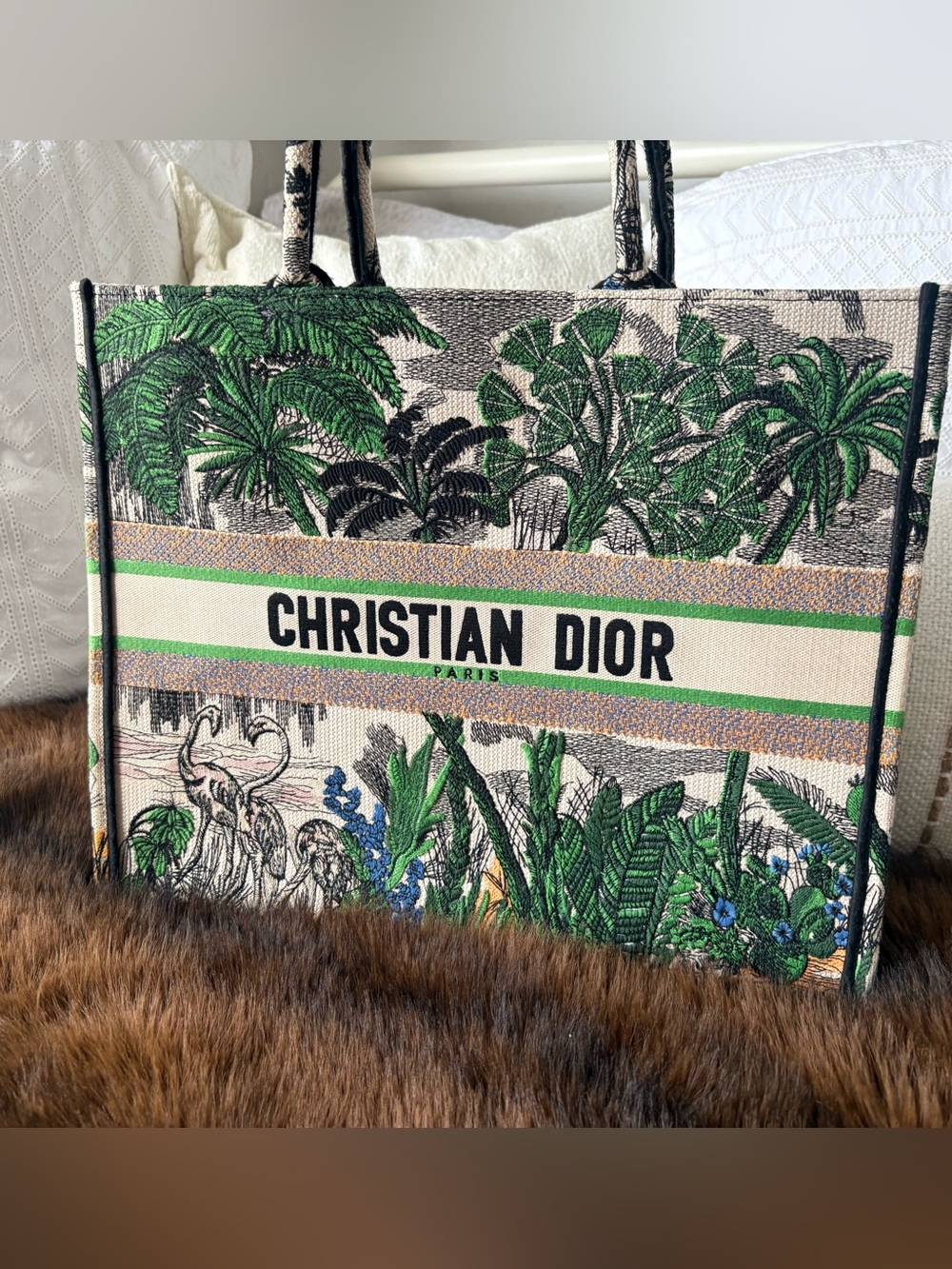 Christian Dior Book Tote Toile de Jouy Animals LARGE Tote Beige/Green